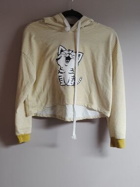Teen Yellow Striped Hoodie with Cat Graphic